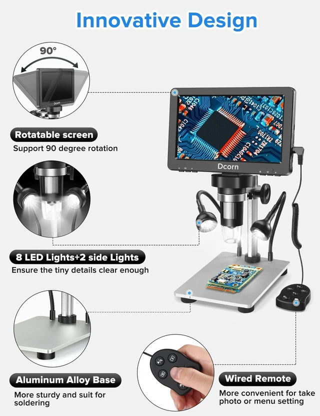 Alt view image 5 of 7 - 7'' Digital Microscope 1200X, 12MP 1080P Photo/Video Microscope for Adults Soldering Coins,Metal Stand,Wired Remote,10 LED Fill Lights,PC View,Windows/Mac Compatible
