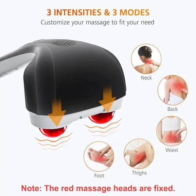 Alt view image 2 of 7 - Cordless Handheld Back Massager with Heat, Deep Tissue Percussion Massager, 3 Sets of Dual Pivoting Heads,Rechargeable Hand Held Massager for Neck,Back Shoulder,Calf,Legs