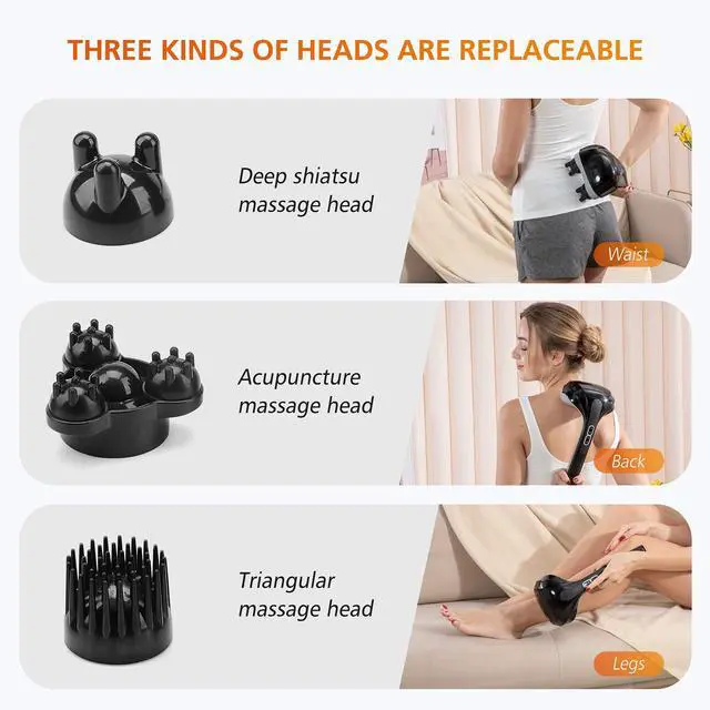 Alt view image 4 of 7 - Cordless Handheld Back Massager with Heat, Deep Tissue Percussion Massager, 3 Sets of Dual Pivoting Heads,Rechargeable Hand Held Massager for Neck,Back Shoulder,Calf,Legs