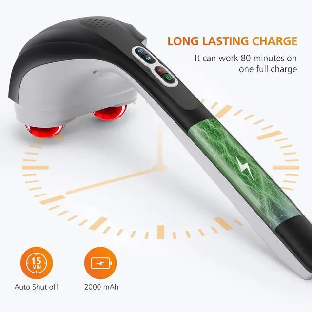 Alt view image 6 of 7 - Cordless Handheld Back Massager with Heat, Deep Tissue Percussion Massager, 3 Sets of Dual Pivoting Heads,Rechargeable Hand Held Massager for Neck,Back Shoulder,Calf,Legs