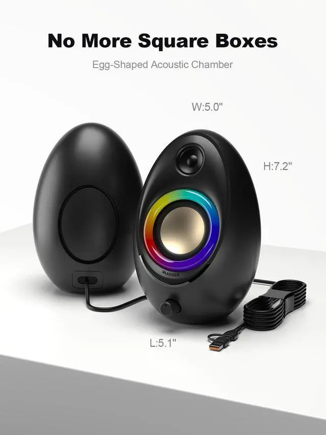 Alt view image 6 of 6 - Computer Speakers for Desktop PC, Bluetooth 5.4 Desktop Speakers with 2 Speaker Units, Dynamic RGB Light USB Speaker, USB/Type-C Powered Plug & Play PC Speakers for Desktop, Laptops, Tablet