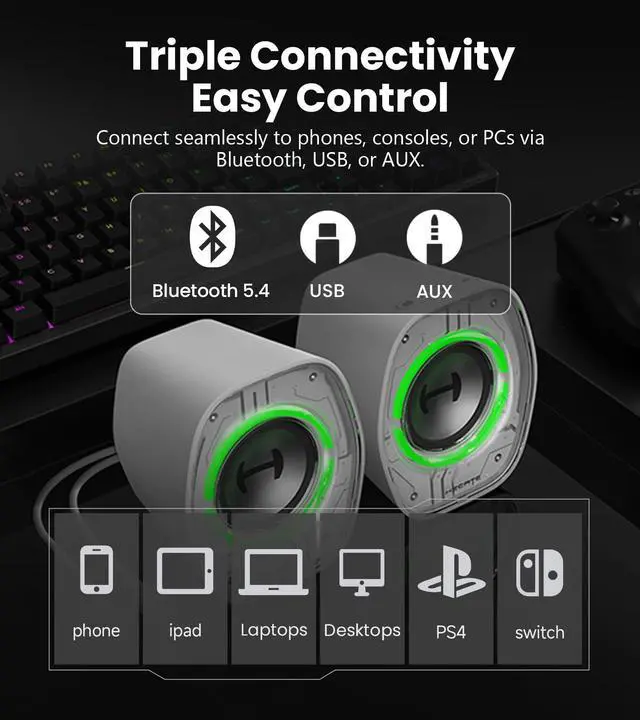 Alt view image 4 of 7 - G1000 II Desktop Computer Speakers for Gaming, 2.5" Full-Range Driver & Enhanced Bass, Bluetooth 5.4 USB-C AUX, 9 Dynamic RGB Lighting Modes for PC - Black
