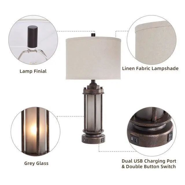 Alt view image 7 of 7 - Set of 2 Farmhouse Lamps for Living Room, Rustic Vintage Bedroom Nightstand Table Lamp with 2 USB Charging Ports, Built-In Frosted Glass Night Light for End Table Entryway, 4 Bulbs Included (Bronze)