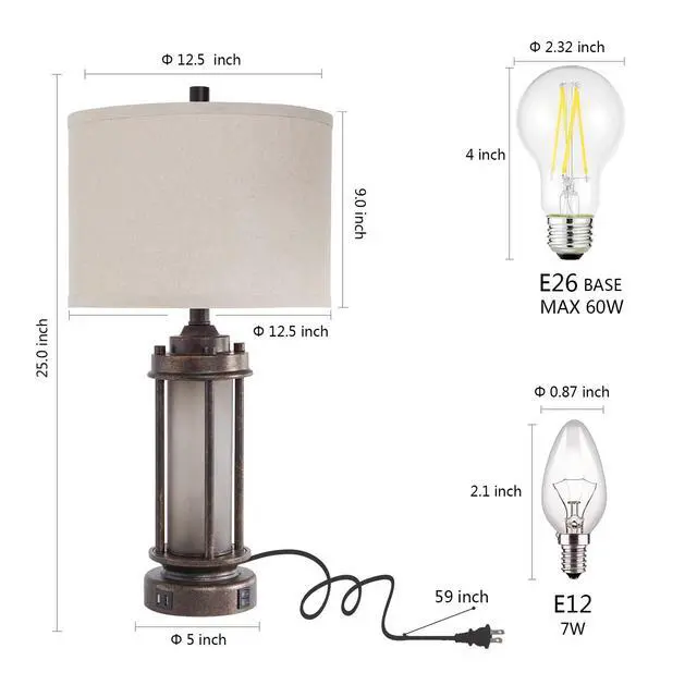 Alt view image 6 of 7 - Set of 2 Farmhouse Lamps for Living Room, Rustic Vintage Bedroom Nightstand Table Lamp with 2 USB Charging Ports, Built-In Frosted Glass Night Light for End Table Entryway, 4 Bulbs Included (Bronze)