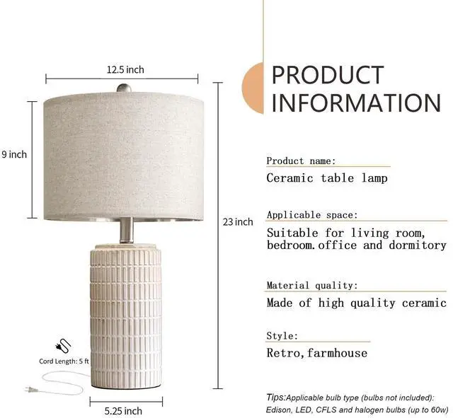 Alt view image 7 of 7 - 23" Modern Ceramic Table Lamp Set of 2 for Living Room White Desk Lamps for Bedroom Farmhouse Bedside Nightstand Bedside Lamp End Table Lamps Beige