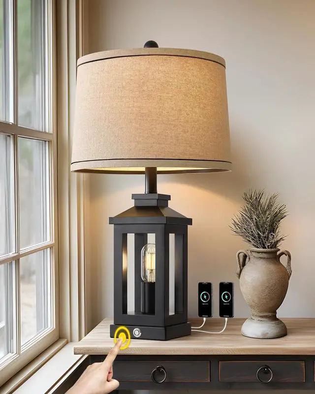 Alt view image 2 of 7 - 23.75" Retro Farmhouse Black Table Lamp for Living Room Bedroom Nightstand Single Pack Touch Control Bedside Nightlight Vintage Modern Lamp with USB C+A Ports and 2 Light Sources