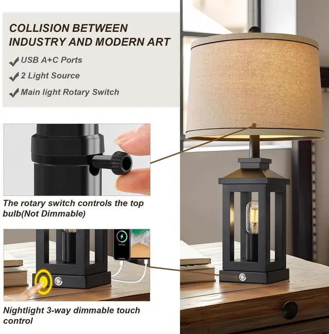 Alt view image 5 of 7 - 23.75" Retro Farmhouse Black Table Lamp for Living Room Bedroom Nightstand Single Pack Touch Control Bedside Nightlight Vintage Modern Lamp with USB C+A Ports and 2 Light Sources