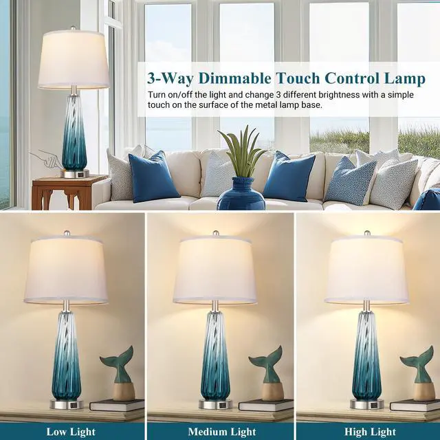 Alt view image 2 of 6 - Glass Table Lamps for Living Room, Modern Bedside Lamps with USB A+C Ports, 3-Way Dimmable Touch Control Nightstand Lamp with White Linen Shade, 27.5" Large Lamps for Bedrooms Decor, Teal, 1 Pack