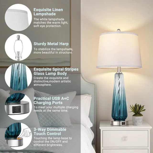 Alt view image 3 of 6 - Glass Table Lamps for Living Room, Modern Bedside Lamps with USB A+C Ports, 3-Way Dimmable Touch Control Nightstand Lamp with White Linen Shade, 27.5" Large Lamps for Bedrooms Decor, Teal, 1 Pack