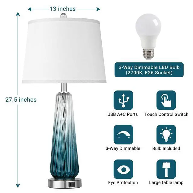 Alt view image 4 of 6 - Glass Table Lamps for Living Room, Modern Bedside Lamps with USB A+C Ports, 3-Way Dimmable Touch Control Nightstand Lamp with White Linen Shade, 27.5" Large Lamps for Bedrooms Decor, Teal, 1 Pack