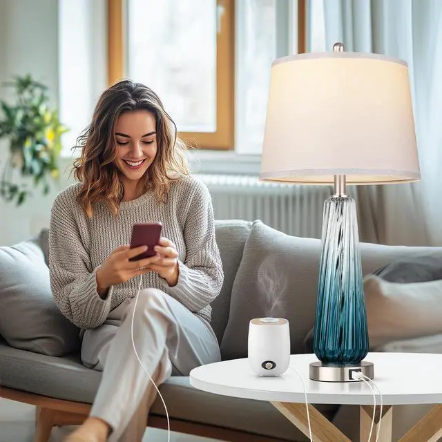 Alt view image 5 of 6 - Glass Table Lamps for Living Room, Modern Bedside Lamps with USB A+C Ports, 3-Way Dimmable Touch Control Nightstand Lamp with White Linen Shade, 27.5" Large Lamps for Bedrooms Decor, Teal, 1 Pack