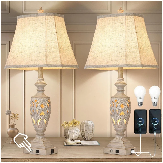Main image of 29.5" Table Lamp Set of 2 with Nightlight, Separate Touch Switch | White Washed Farmhouse Bedside Lamps, 3-Way Dimmable, USB C+A, Vintage Hollow Leaf for Bedroom Living Room, Bulbs Included