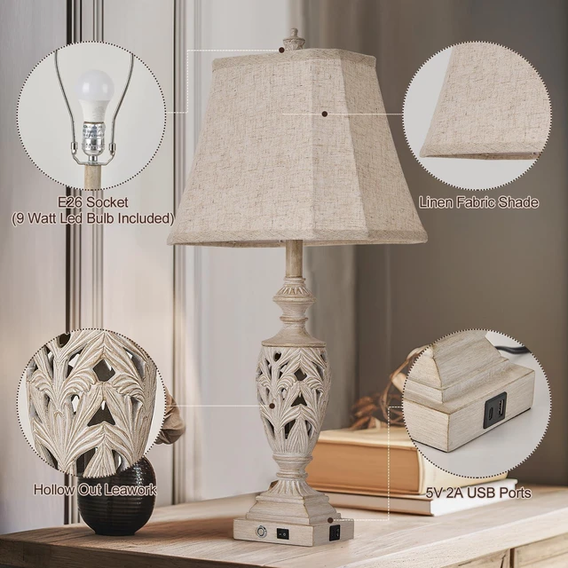 Alt view image 4 of 6 - 29.5" Table Lamp Set of 2 with Nightlight, Separate Touch Switch | White Washed Farmhouse Bedside Lamps, 3-Way Dimmable, USB C+A, Vintage Hollow Leaf for Bedroom Living Room, Bulbs Included
