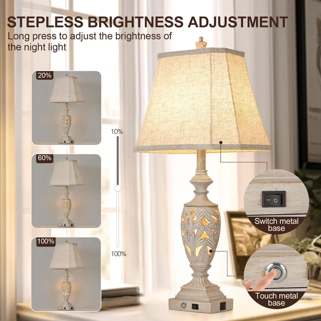 Alt view image 2 of 6 - 29.5" Table Lamp Set of 2 with Nightlight, Separate Touch Switch | White Washed Farmhouse Bedside Lamps, 3-Way Dimmable, USB C+A, Vintage Hollow Leaf for Bedroom Living Room, Bulbs Included