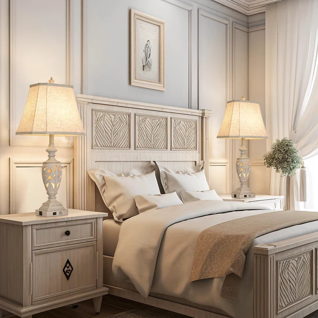 Alt view image 6 of 6 - 29.5" Table Lamp Set of 2 with Nightlight, Separate Touch Switch | White Washed Farmhouse Bedside Lamps, 3-Way Dimmable, USB C+A, Vintage Hollow Leaf for Bedroom Living Room, Bulbs Included