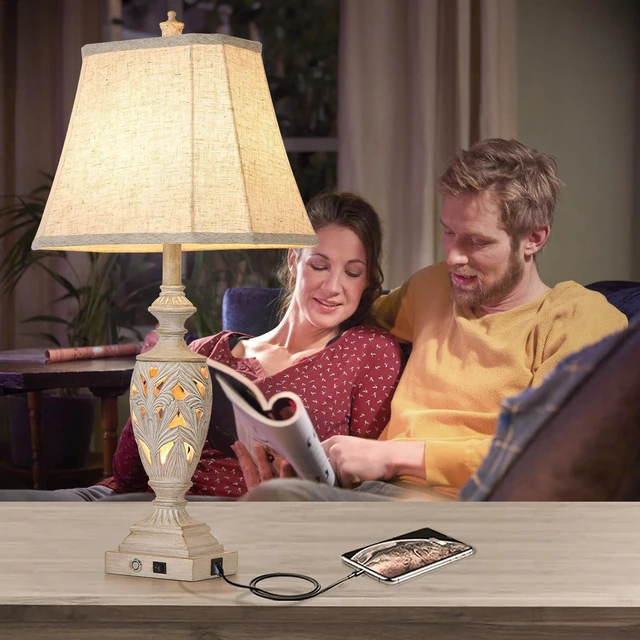 Alt view image 5 of 6 - 29.5" Table Lamp Set of 2 with Nightlight, Separate Touch Switch | White Washed Farmhouse Bedside Lamps, 3-Way Dimmable, USB C+A, Vintage Hollow Leaf for Bedroom Living Room, Bulbs Included
