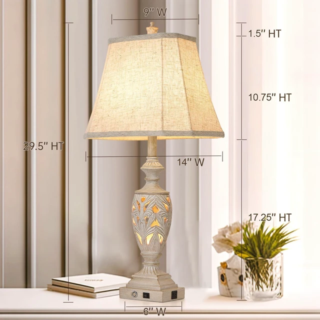 Alt view image 3 of 6 - 29.5" Table Lamp Set of 2 with Nightlight, Separate Touch Switch | White Washed Farmhouse Bedside Lamps, 3-Way Dimmable, USB C+A, Vintage Hollow Leaf for Bedroom Living Room, Bulbs Included