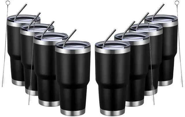 Main image of 30oz Insulated Tumbler With Lids and Straws,Stainless Steel Double Vacuum Coffee Tumbler Cup, Brush, Durable Powder Coated Coffee Cup for Cold & Hot Drinks(Black,8 PACK)
