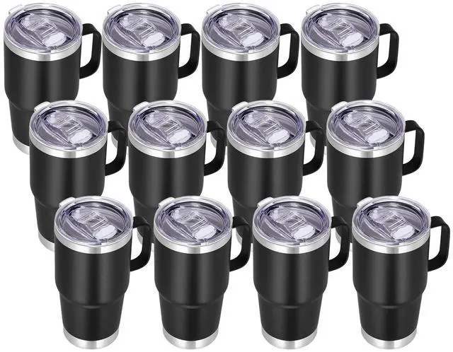 Main image of 20 oz Tumbler Bulk with Handle Lid and Straw, Stainless Steel Insulated Travel Coffee Mug Set, Spill Proof Double Wall Metal Tumblers Cups, Powder Black 12 Pack
