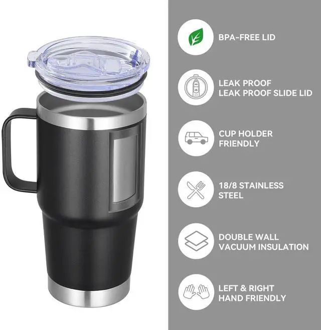 Alt view image 2 of 7 - 20 oz Tumbler Bulk with Handle Lid and Straw, Stainless Steel Insulated Travel Coffee Mug Set, Spill Proof Double Wall Metal Tumblers Cups, Powder Black 12 Pack