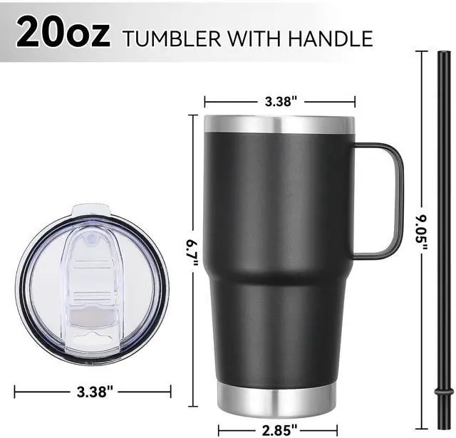 Alt view image 4 of 7 - 20 oz Tumbler Bulk with Handle Lid and Straw, Stainless Steel Insulated Travel Coffee Mug Set, Spill Proof Double Wall Metal Tumblers Cups, Powder Black 12 Pack