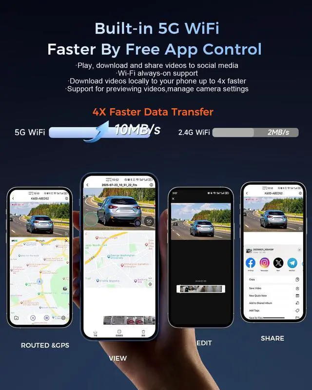Alt view image 6 of 7 - K600 4k Dash Cam Front and Rear, 3.59" IPS Screen, Built-in GPS 5G WiFi Dash Camera for Cars with App, UHD 2160P Night Vision Free 64G SD Card, 170° Wide Angle, HDR, 24H Parking Mode