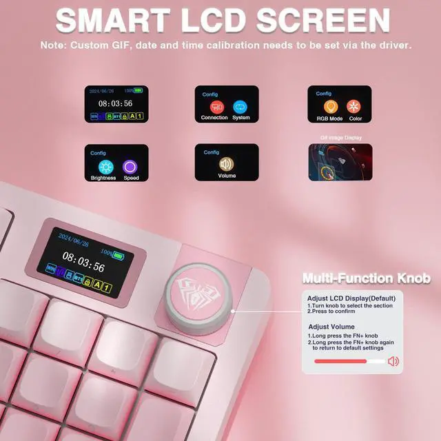 Alt view image 2 of 7 - S98 Pro Wireless Mechanical Keyboard with Screen & Knob,2.4GHz/USB-C/BT5.0 Hot Swappable Pink Creamy Keyboard,Pre-lubed Linear Switches,Side Printed PBT Keycaps,RGB Backlit Gaming Keyboards