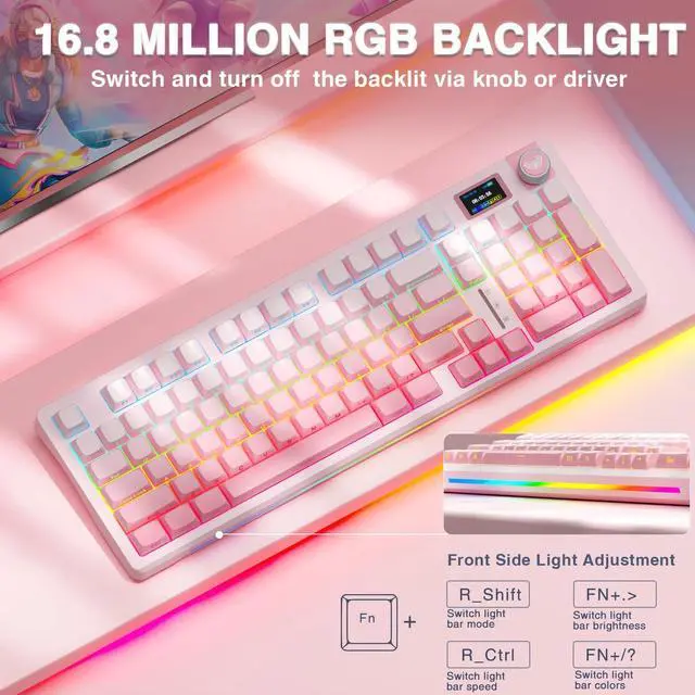 Alt view image 5 of 7 - S98 Pro Wireless Mechanical Keyboard with Screen & Knob,2.4GHz/USB-C/BT5.0 Hot Swappable Pink Creamy Keyboard,Pre-lubed Linear Switches,Side Printed PBT Keycaps,RGB Backlit Gaming Keyboards