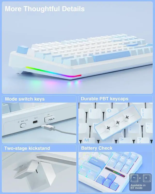 Alt view image 6 of 7 - F87 Wireless Mechanical Keyboard, 75% TKL Custom Hot Swappable Gaming Keyboards with PBT Keycaps, Pre-lubed Greywood Switches, RGB Backlit Creamy Keyboard, 2.4GHz/USB-C/BT5.0