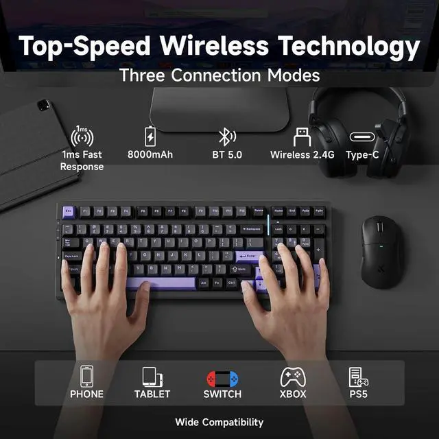 Alt view image 2 of 6 - G98 PRO Wireless Mechanical Keyboard, Tri-Mode Connection Gaming Keyboard, Hot Swappable Custom Gasket Structure, Pre-lubed Linear Switches, Double Shot PBT Keycaps RGB LED Backlit Purple&Black