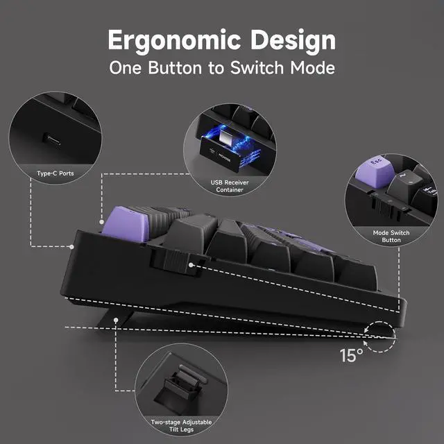 Alt view image 4 of 6 - G98 PRO Wireless Mechanical Keyboard, Tri-Mode Connection Gaming Keyboard, Hot Swappable Custom Gasket Structure, Pre-lubed Linear Switches, Double Shot PBT Keycaps RGB LED Backlit Purple&Black