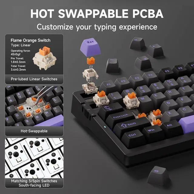 Alt view image 3 of 6 - G98 PRO Wireless Mechanical Keyboard, Tri-Mode Connection Gaming Keyboard, Hot Swappable Custom Gasket Structure, Pre-lubed Linear Switches, Double Shot PBT Keycaps RGB LED Backlit Purple&Black