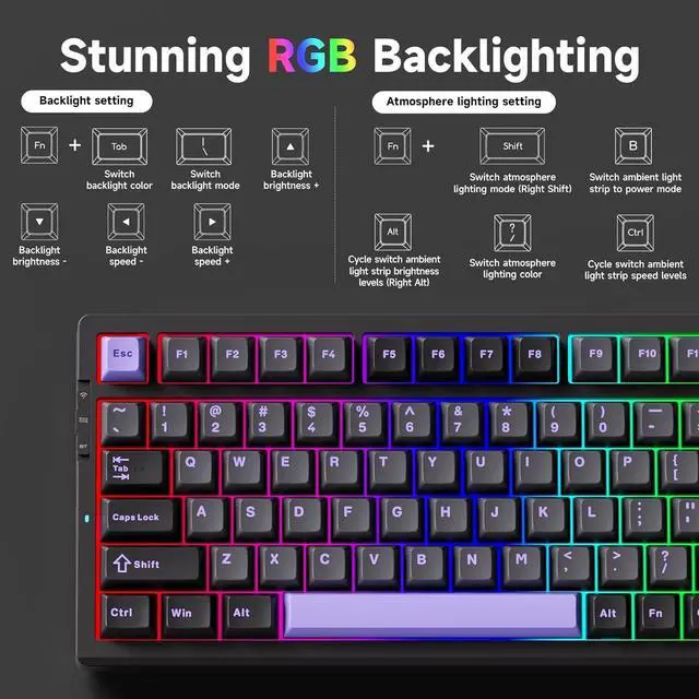 Alt view image 6 of 6 - G98 PRO Wireless Mechanical Keyboard, Tri-Mode Connection Gaming Keyboard, Hot Swappable Custom Gasket Structure, Pre-lubed Linear Switches, Double Shot PBT Keycaps RGB LED Backlit Purple&Black