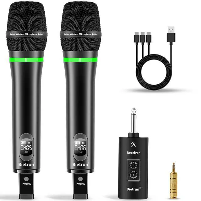 Main image of Rechargeable Wireless Microphone, Dual Metal Cordless Handheld Dynamic Wireless Mics with 1/4'' Output for Karaoke, Meeting, Singing, Church, Wedding(UHF 240ft Range)(Receiver with Bluetooth)
