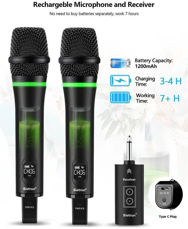 Alt view image 2 of 7 - Rechargeable Wireless Microphone, Dual Metal Cordless Handheld Dynamic Wireless Mics with 1/4'' Output for Karaoke, Meeting, Singing, Church, Wedding(UHF 240ft Range)(Receiver with Bluetooth)