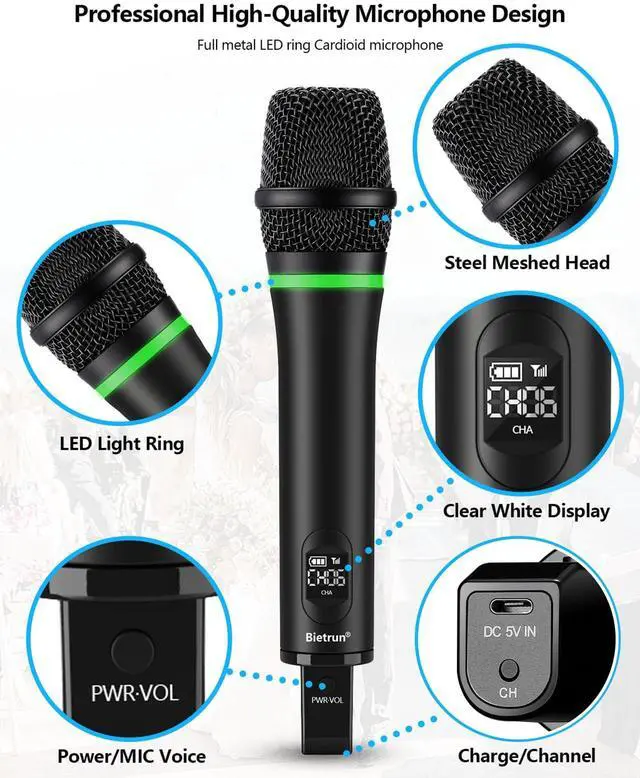 Alt view image 4 of 7 - Rechargeable Wireless Microphone, Dual Metal Cordless Handheld Dynamic Wireless Mics with 1/4'' Output for Karaoke, Meeting, Singing, Church, Wedding(UHF 240ft Range)(Receiver with Bluetooth)