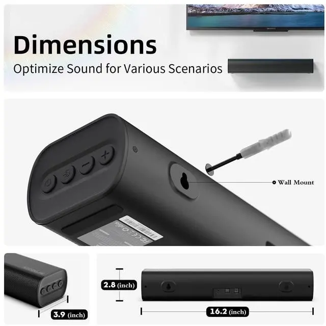 Alt view image 6 of 6 - Sound Bars for TV 16-inch, Cinematic TV Sound Bar with Impactful Bass, Bluetooth Soundbar for TV with Remote Control, Wall Mountable TV Speakers Sound Bar Work with Traditional or Smart TV