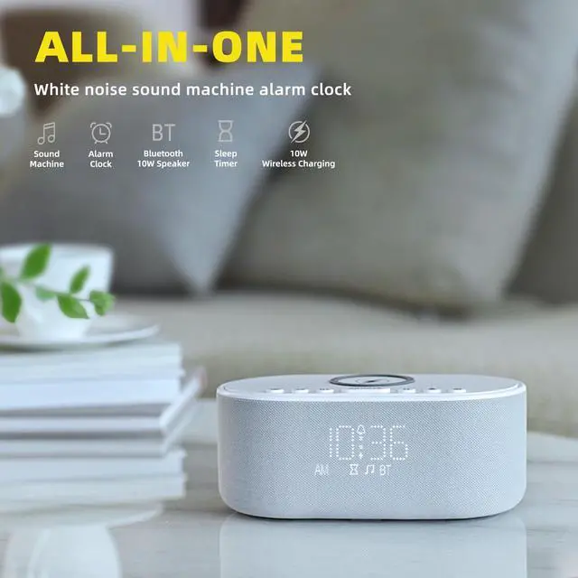 Alt view image 2 of 7 - Sound Machine Alarm Clock Wireless Charger: Bluetooth 10W Stereo Sound Speaker Bedroom - White Noise Machine for Sleeping with 21 Soothing Sounds