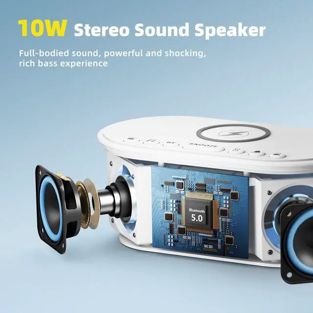 Alt view image 3 of 7 - Sound Machine Alarm Clock Wireless Charger: Bluetooth 10W Stereo Sound Speaker Bedroom - White Noise Machine for Sleeping with 21 Soothing Sounds