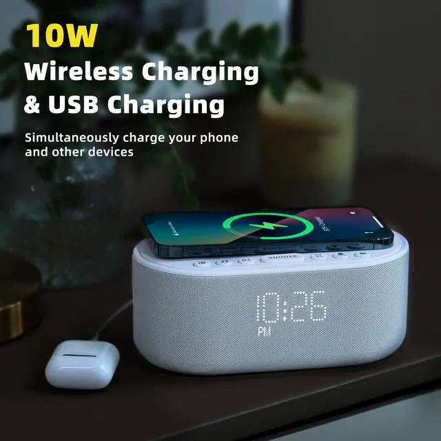 Alt view image 4 of 7 - Sound Machine Alarm Clock Wireless Charger: Bluetooth 10W Stereo Sound Speaker Bedroom - White Noise Machine for Sleeping with 21 Soothing Sounds