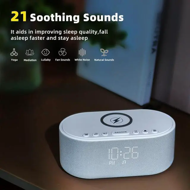 Alt view image 5 of 7 - Sound Machine Alarm Clock Wireless Charger: Bluetooth 10W Stereo Sound Speaker Bedroom - White Noise Machine for Sleeping with 21 Soothing Sounds