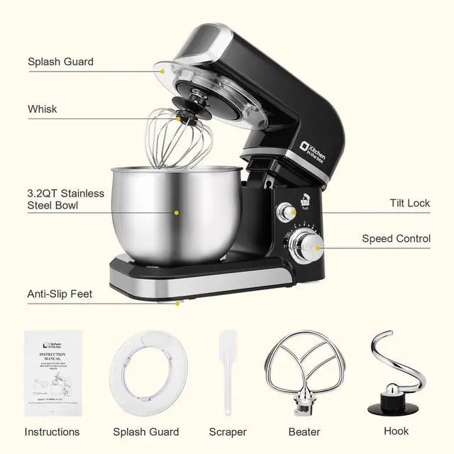 Alt view image 3 of 7 - Stand Mixer,3.2Qt Small Electric Food Mixer,6 Speeds Portable Lightweight Kitchen Mixer for Daily Use with Egg Whisk,Dough Hook,Flat Beater (Black)