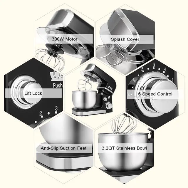 Alt view image 5 of 7 - Stand Mixer,3.2Qt Small Electric Food Mixer,6 Speeds Portable Lightweight Kitchen Mixer for Daily Use with Egg Whisk,Dough Hook,Flat Beater (Black)