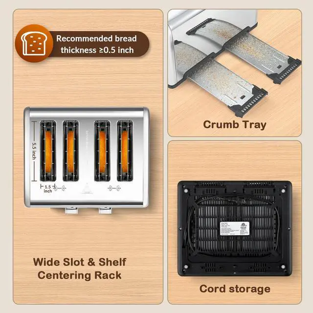 Alt view image 4 of 7 - 4 Slice Toaster with Touch Screen Control, 4 Wide Slots, Stainless Steel Smart Bread Toaster for Bagels, Muffins, Waffles, Dual Control Panel, Timer, Defrost, Reheat, 120V 1650W