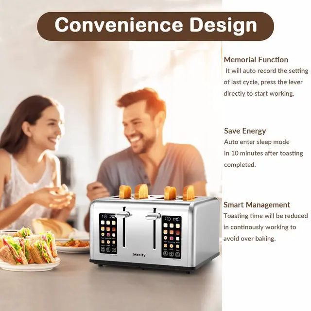 Alt view image 5 of 7 - 4 Slice Toaster with Touch Screen Control, 4 Wide Slots, Stainless Steel Smart Bread Toaster for Bagels, Muffins, Waffles, Dual Control Panel, Timer, Defrost, Reheat, 120V 1650W