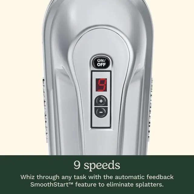 Alt view image 3 of 4 - Power Advantage PLUS 9-Speed Hand Mixer, 220W-Motor Hand Blender Electric Mixer with 9 Speed Settings, XL Dishwasher-Safe Beaters, 3 Low Mixing Speeds, Storage Case, HM-90BCS, Brushed Chrome