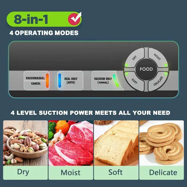 Alt view image 2 of 5 - Precision Vacuum Sealer Machine, Powerful Pro Vacuum Food Sealer, 8-in-1 Easy Presets, 4 Food Modes, Dry&Moist&Soft&Delicate with Starter Kit, Compact Design(Silver)