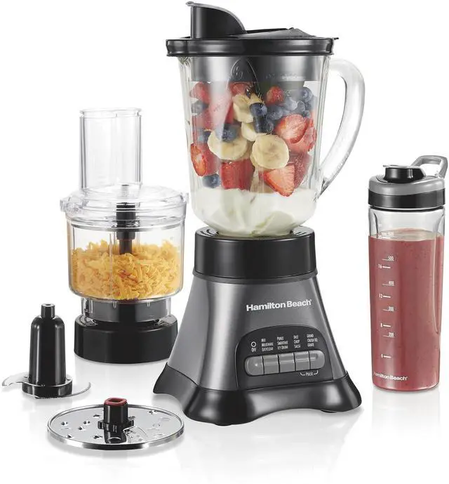Main image of Blender and Food Processor Combo for Shakes & Smoothies, With 3 Cup Electric Food Chopper Attachment, 40 oz Glass Jar, Blender Travel Cup, 700 Watts Peak Power, Gray & Black (58163)