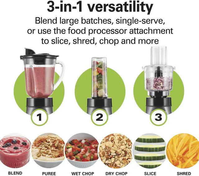 Alt view image 2 of 7 - Blender and Food Processor Combo for Shakes & Smoothies, With 3 Cup Electric Food Chopper Attachment, 40 oz Glass Jar, Blender Travel Cup, 700 Watts Peak Power, Gray & Black (58163)