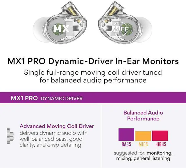 Alt view image 3 of 6 - Professional MX1 PRO Advanced Dynamic Driver Musician's in Ear Monitor Headphones with Balanced Sound, Noise Isolating Earbuds Earphones with Memory Wire, Detachable Cables, Transparent